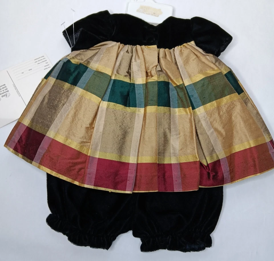 Vestido Sara Lene Bebé 3 Meses Seda Cuadros Dorado Terciopelo Navidad Vacaciones De Colección Nuevo de Lote Antiguo Foto 3 de 4
