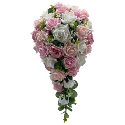 Artificial Wedding Flowers Silk Rose Brides Shower Teardrop Bouquet 28 Colours