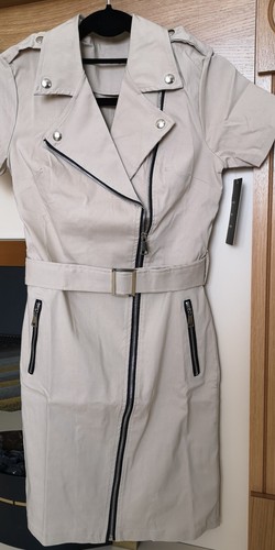 Size S Beige Dress Zip Up, Stretchy, Short Sleeve Biker Style Asymmetric Zippers - Picture 4 of 4