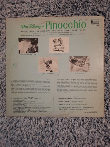 Disney's Pinocchio Soundtrack 1959 Vinyl Record LP Album 1202 Wish Upon a Star - Picture 2 of 7