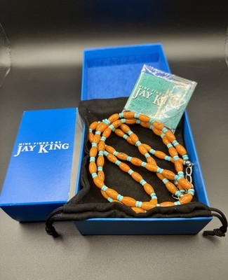 Jay King Minenfund 925 Doppelstrang Orange Koralle und Türkis Perlen Halskette 