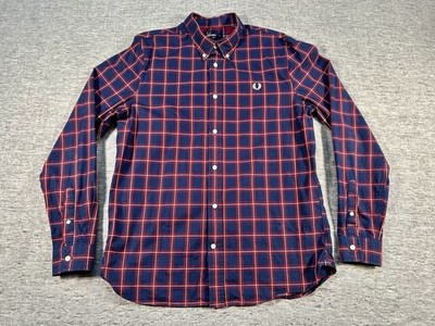 Fred Perry Shirt Mens Large Red Blue Plaid Long Sleeve Cotton Button-Up