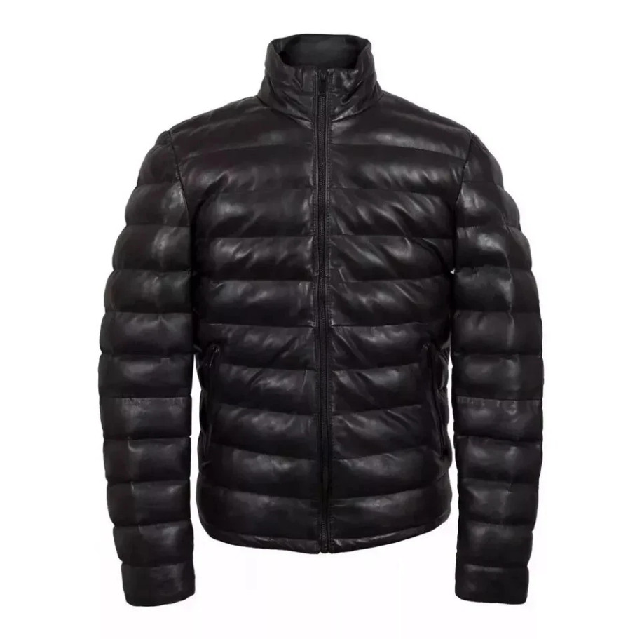 Men Real Leather Puffer Jacket Soft Lambskin Black Quilted Padded Winter Jacket