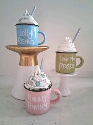 Spring Mini Mugs w/ Faux Whip Topping; 3 Tier Tray Decor;Shelf Coffee Bar Decor
