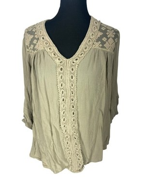 New Direction Tan Boho-Style V-Neck Blouse With Lace Details & 3/4 Sleeves