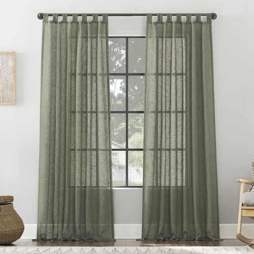 Archaeo Burlap Weave Linen Blend Tab Top Curtain, 50" x 96", Moss Green