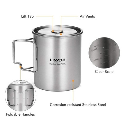 LIXADA Portable 750ml Stainless Steel Pot Water Mug Cup with Lid and Foldable Ha