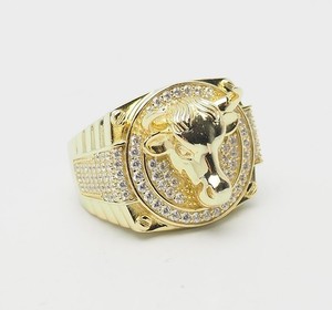 Authentic Detailed gold plated sterling silver pave crystals bull head animal ring sz 8.5