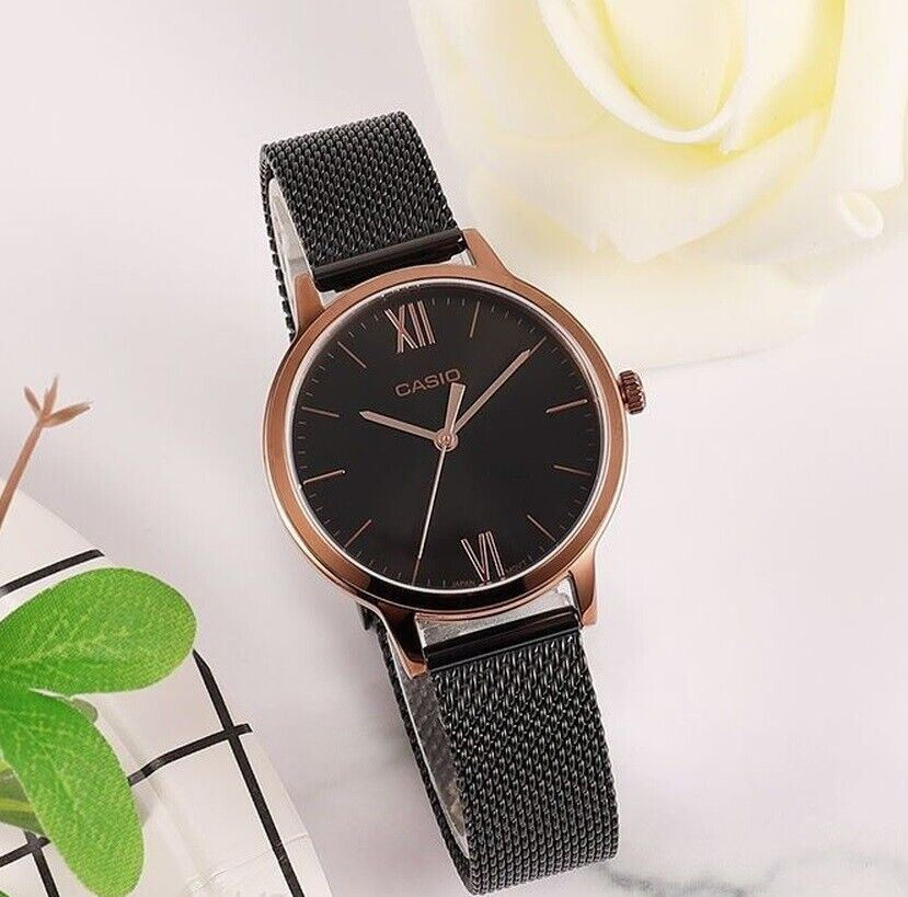 Casio LTP-E157MRB-1B Black Analog Mesh Stainless Steel Rose Gold