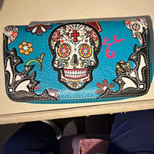 Blue Sugar Skull Floral Zip-Around Wallet Faux Leather, Card Slots Zip Pocket