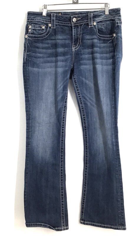 Miss Me Women's Relaxed Bootcut Jeans Blue Embellished Cross Pockets Sz 31x32
