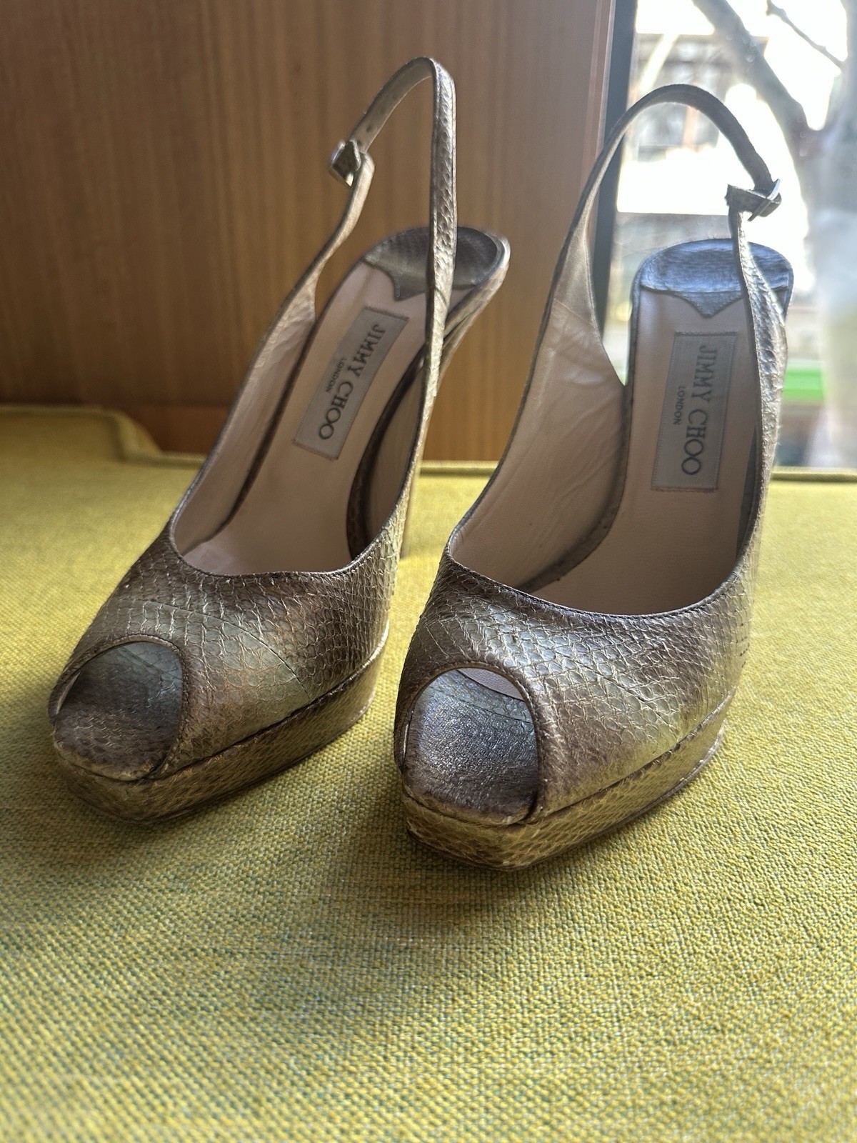 Jimmy Choo metallic python effect peep toe slingb… - image 2