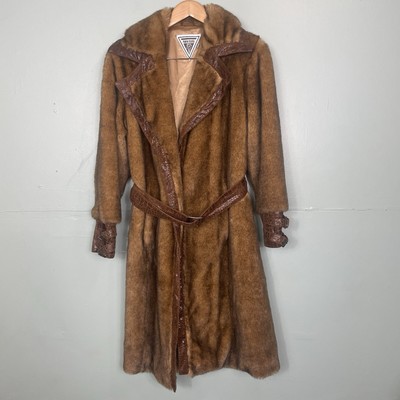 Marvin Richards Faux Fur Coat Y2K Faux Leather Trim Medium