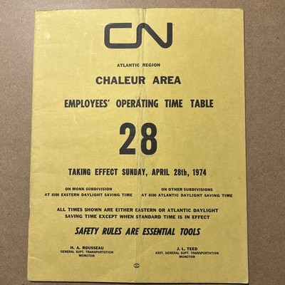 Canadian National Railways Employee Timetable #28 Chaleur Area 1974 Atlantic Reg