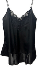 Vintage Faye Black Silky Mini Slip Camisole Dress Top Lace Nightie USA