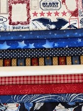 Quilting Fabric Lot - 10 Fat Quarters, Patriotic Red White Blue 1 FREE FQ