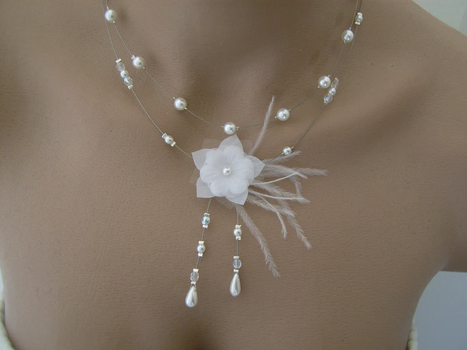 Collier Blanc/Ivoire/Cristal robe Mariée/Mariage/Cérémonie Fleur perles pas cher - Photo 1/1