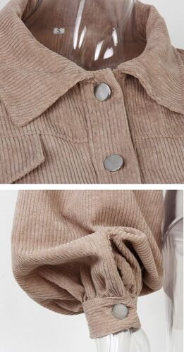 Women's Corduroy Lapel Collar Lantern Sleeve Button Down Crop Jacket Top Khaki M - Picture 4 of 8