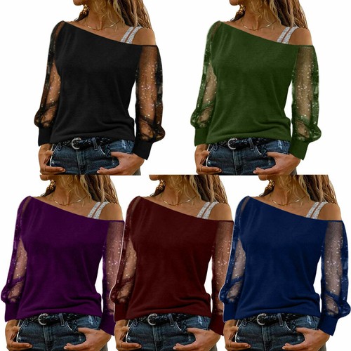 Damen Mädchen Netz Tops Bluse Shirt Tee Blumen Langarm Große Größen Cold Shoulder - Bild 3 von 17