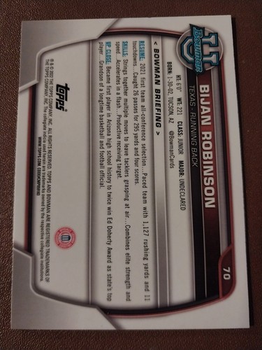 2022 BIJAN ROBINSON BOWMAN CHROME UNIVERSITY PRE ROOKIE CARD #70 TEXAS FALCONS - Picture 2 of 2