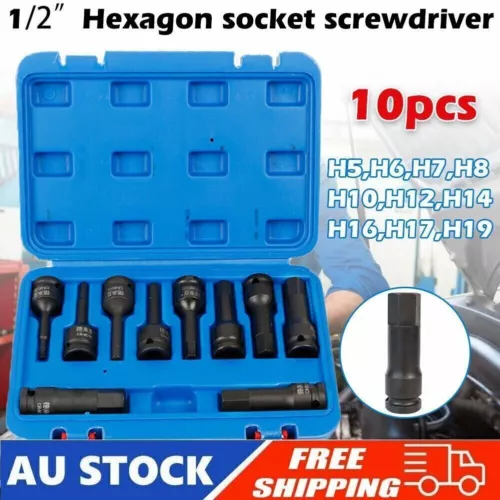 10PCS 1/2'' Drive Deep Hex Bit Socket Set Metric Allen Key Adapter Auto Repair - Picture 12 of 12