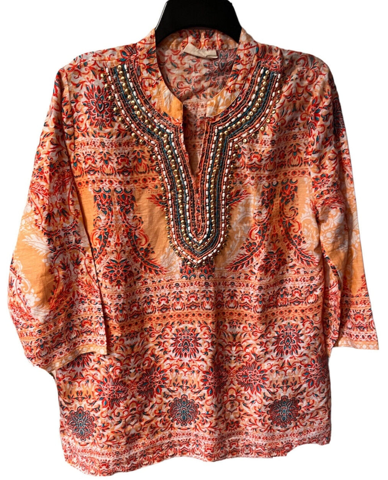 Charter Club Luxury Linen Tunic Top Womens Sz L Coral Beaded Embellished V-neck