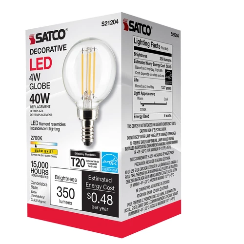 Satco S21204 LED Filament Bulb 120V 4W 40W G16.5 Candelabra E12 2700K Warm White - Picture 4 of 12