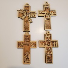 Laser engraved Christmas Wooden Cross Ornaments Manger Scene w/ Scripture