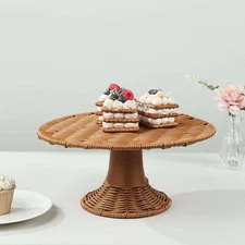 12" NATURAL Plastic Rattan Wicker Pedestal Cake Stand Wedding Party Dessert