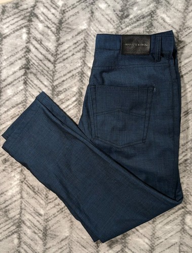 Emporio Armani 5 Pocket Geometric Jersey 100% Virgin Wool Blue Pants Mens 34x29 - Picture 2 of 15