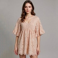 Anthropologie Akemi + Kin Brooke Eyelet Swing Boho Pink Blush Mini Dress- Size 8
