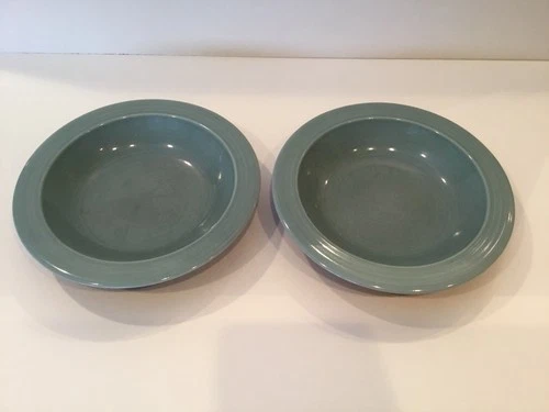 Red Wing Pottery VILLAGE GREEN - 2 Rimmed Soup Cereal Bowls 8.25” Green & Brown