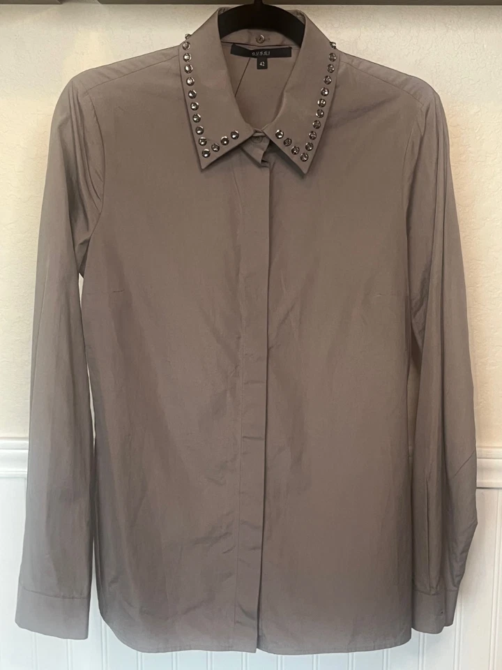 古驰女式灰色长袖正装衬衫,领水钻,M 码 (42) — 第 2/4 张图片