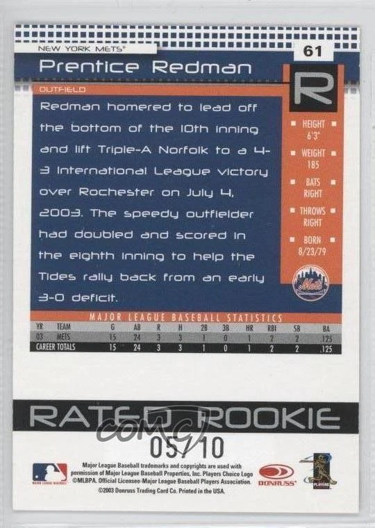 2004 Donruss Rated Rookie Press Proof Black /10 Prentice Redman #61 - Image 2 of 2
