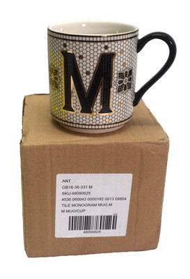 Anthropologie Tile Monogram Coffee Mug Mosaic M Margot Gold Black 15 oz NEW