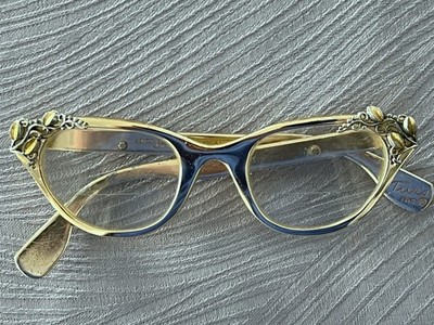 Vintage TURA Cat Eye Glasses Gold Vine Filigree Temples Art  display picture 3