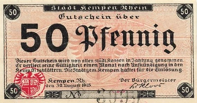 50 Pfennig Notgeld KEMPEN a. RHEIN Stadt Rs.Stpl. A - Bild 1 von 2