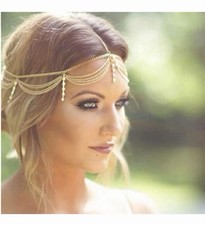 Bohemian Rhinestone Headband Hair Piece Gold Hippy Retro Festival Wedding Chain