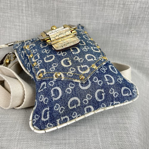 🔥RARE 🔥Vintage Y2K Guess Denim/ Snakeskin shoulder bag Logo Monogram - Picture 3 of 11