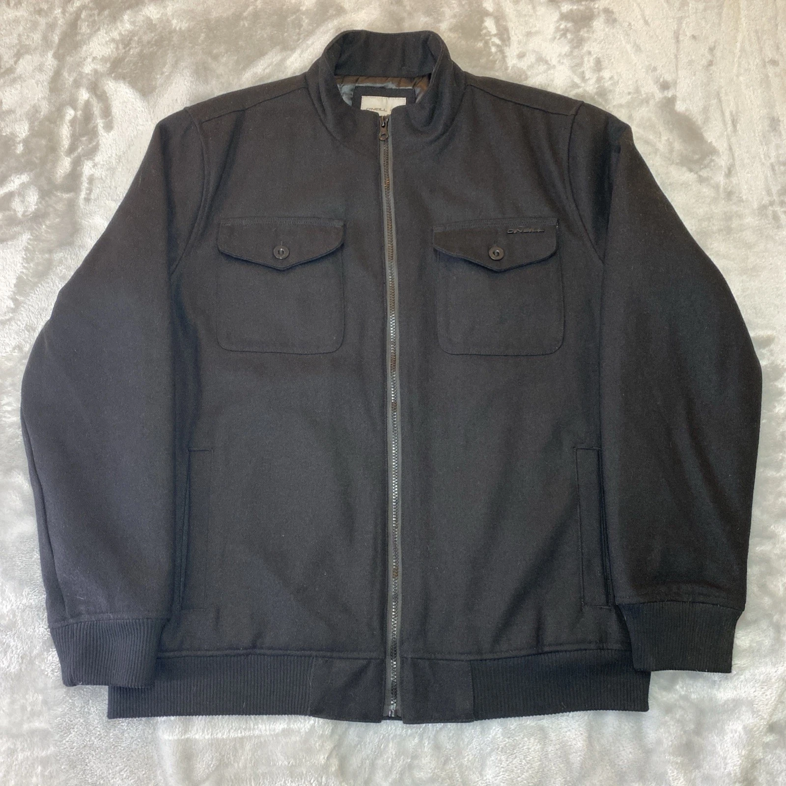 O'Neill Full Zip Jacket Mens Large Black Wool Blend Quilted Liner Bomber Style