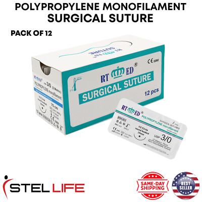 3/0 Polypropylene Suture Threads with Needle Pack of 12 Sterile Practice Suture