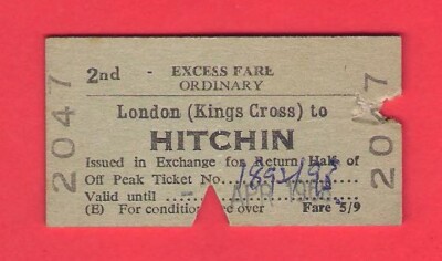 Ticket - BR(E) 2nd Excess Fare Ordinary - London (Kings Cross) to Hitchin - 1968
