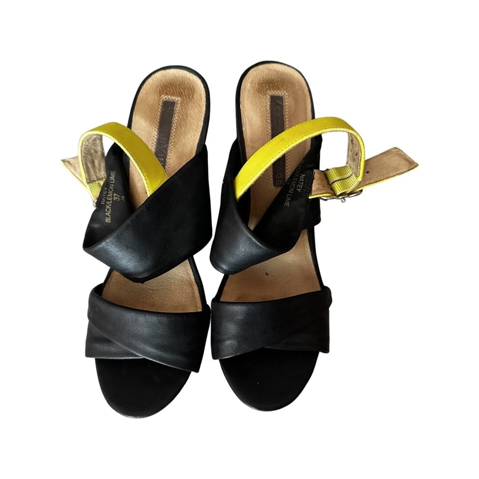 Zapatos de salón modernos vintage de tacón de cuña talla 6/37 cuero limón negro punta abierta Foto 3 de 4