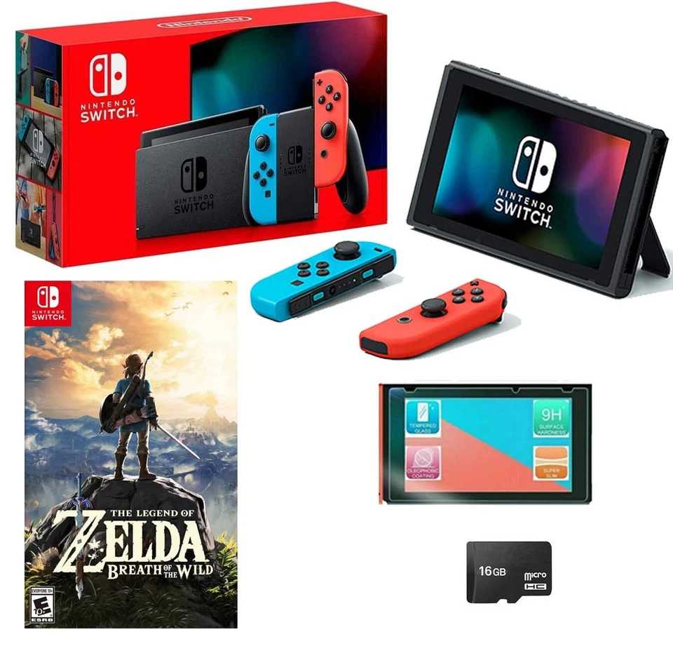 NUEVO Nintendo Switch Neon Bundle Zelda Breath of the Wild + Tarjeta SD de 16 GB y MÁS