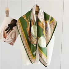 Carriage Print Mulberry Silk Shawl Scarf Square Bandanna Kerchief 35" Green