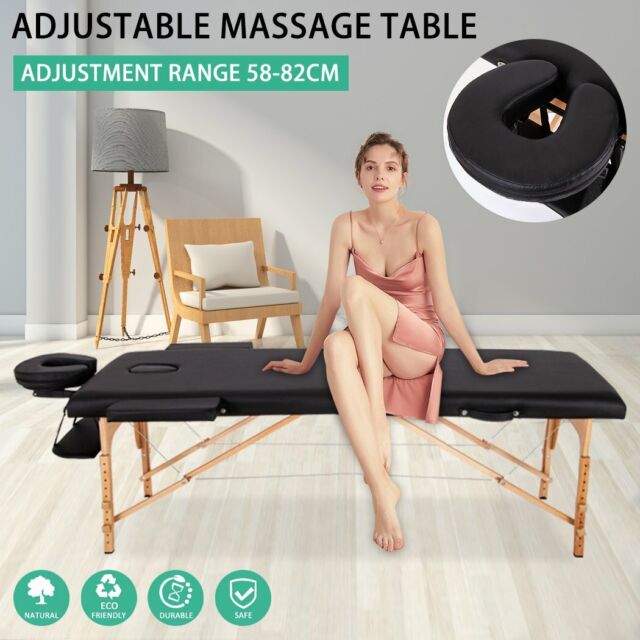 Massage Table 2 Fold 60CM Wooden Beauty Therapy Waxing Bed Black Portable