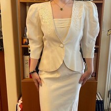 VTG Cachet by Bari Protas Dress Peplum Jacket Ivory Pleated Embroidered USA L