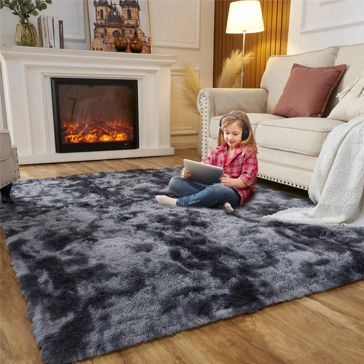 Black fluffy rug deals
