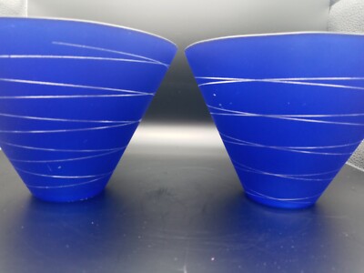 Pair Cobalt Blue Clear Swirl Satin Glass Cone Pendant Lamp Shades Made In Italy