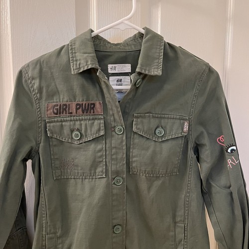 H&M Girl Power You Got This Button Front Shirt Jacket Army Green Size 10-11 yrs - Picture 3 of 14